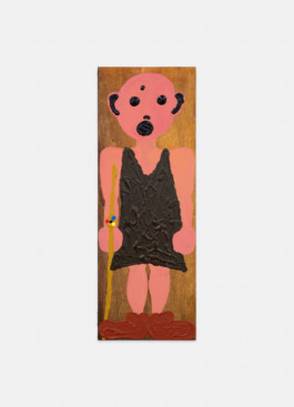 Nakki (Naturgläubige/Animistin/1.Frau) mit Gegen-die-Kultur (geweihtes Fellkleid, Lederschuhe, Golduhrstab), Acrylic and gouache on wood 2015 42 × 15 cm 