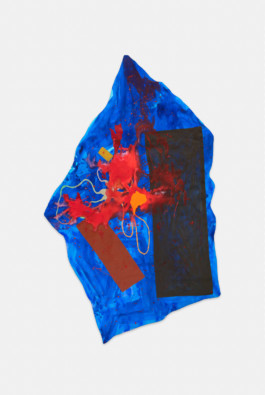 Pfütze der FlächtlingsSog (Blues-Soul) Tod-Bild-Generator, Metamorph-Instrumentz (Bildspiegelung), FleckSchlag als erstes virtuelles Farblicht (RÄPs), planetarische Spannung (Orangen und violette) Ink, acrylic and gouache on canvas 2016 200 × 130 cm 